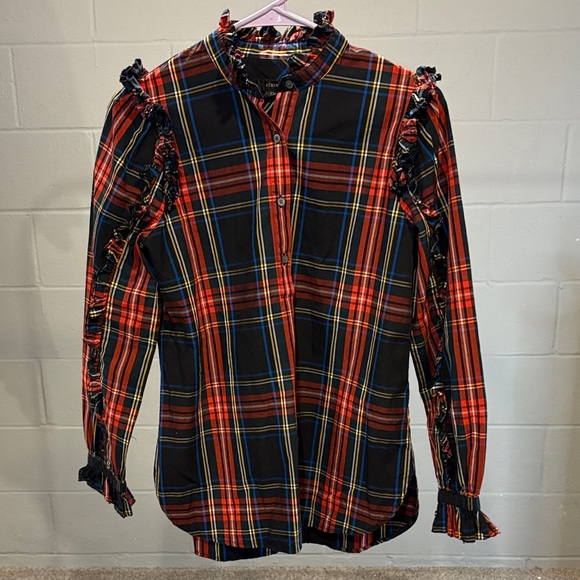 J. Crew Black Red Plaid Ruffle Blouse 1/2 Button-Down EUC XS - Picture 8 of 11